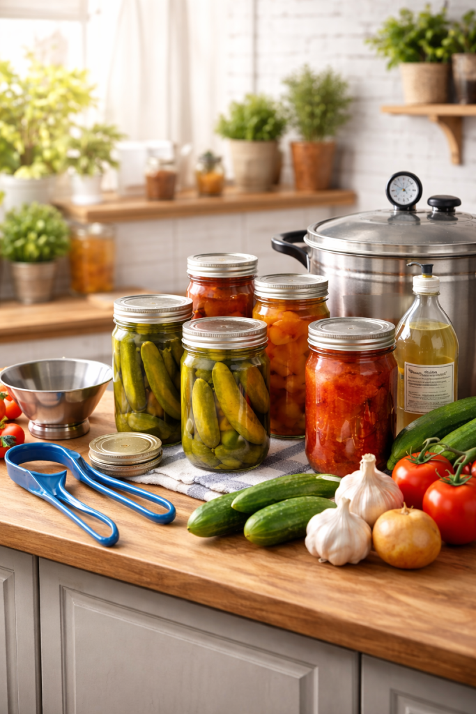 USDA canning safety guidelines setup with jars and pressure canner in kitchen
