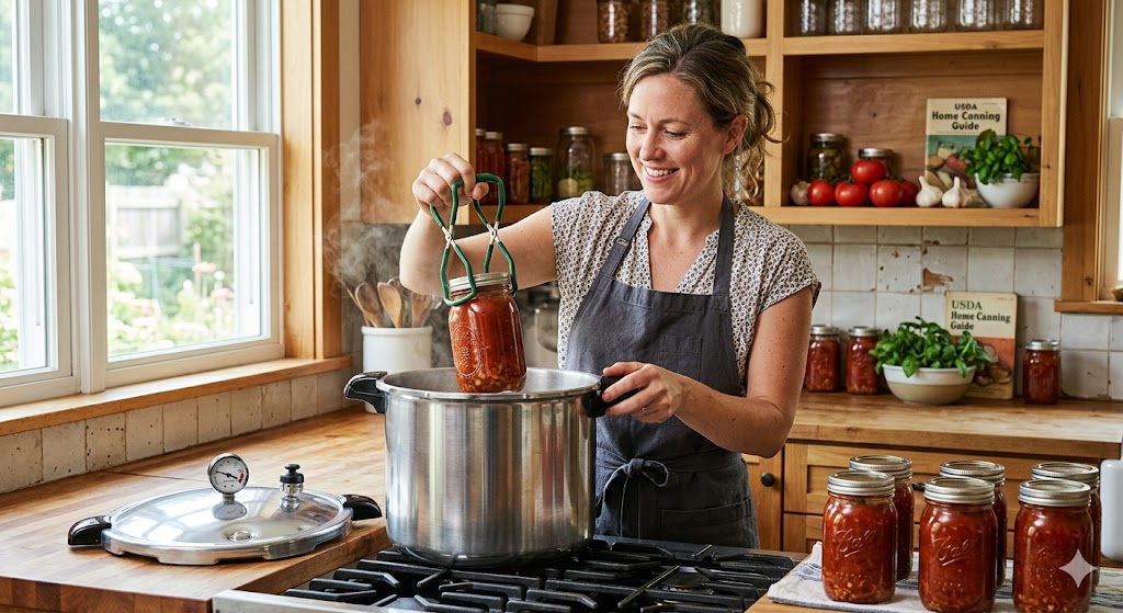 A woman using a jar lifter to remove roasted garlic tomato sauce from a pressure canner