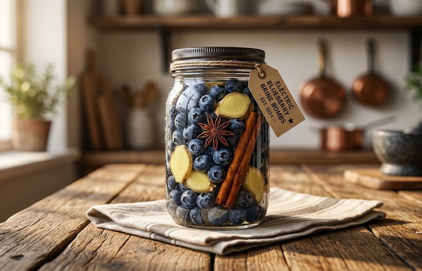 Electric Blueberry Brine Bomb in a masson jars