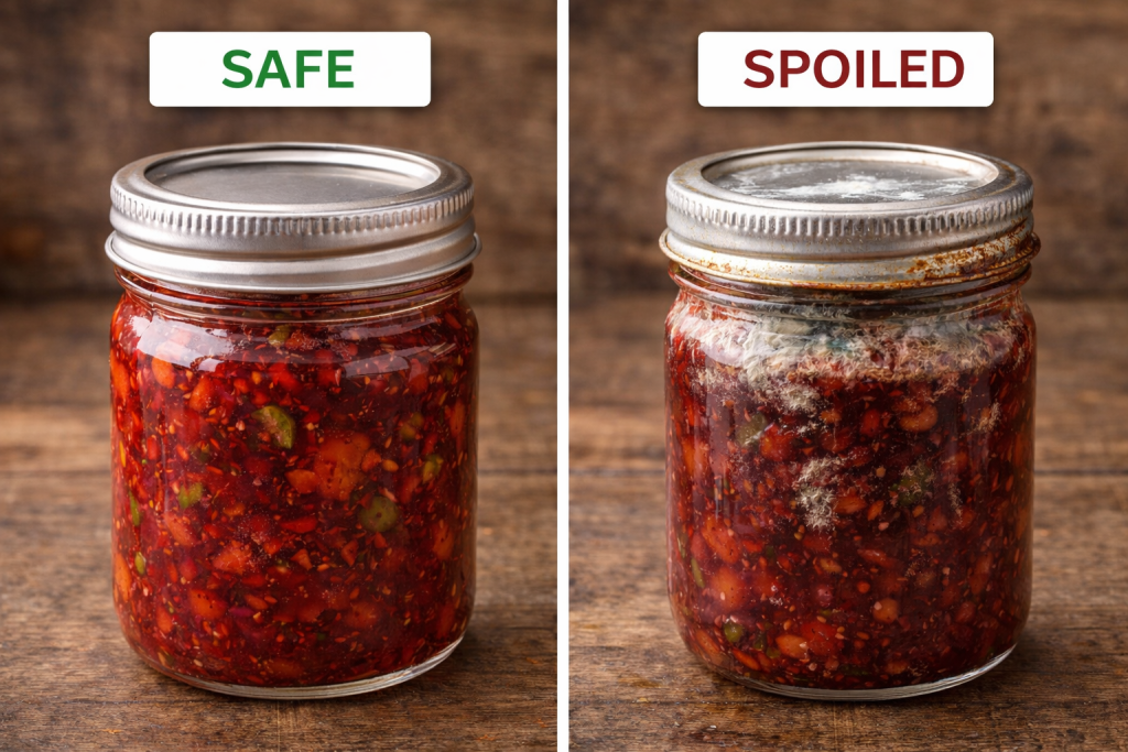 Side-by-side comparison of properly sealed jam jar with clean surface and spoiled jam