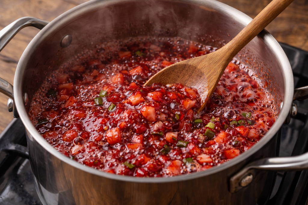 Strawberry jalapeño jam cooking in a stainless steel pot