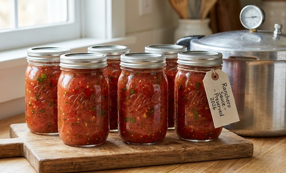 Six sealed pint jars of homemade canned ranchero sauce sitting next to a pressure canner on a wooden board.