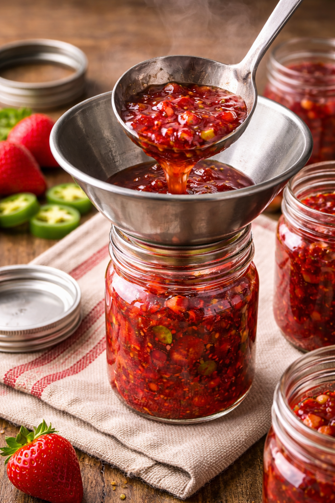strawberry jalapeño jam into sterilized glass jars using a funnel,