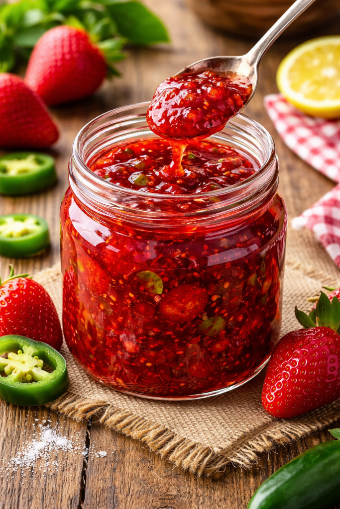sweet & spicy strawberry jalapeño jam with masson jars