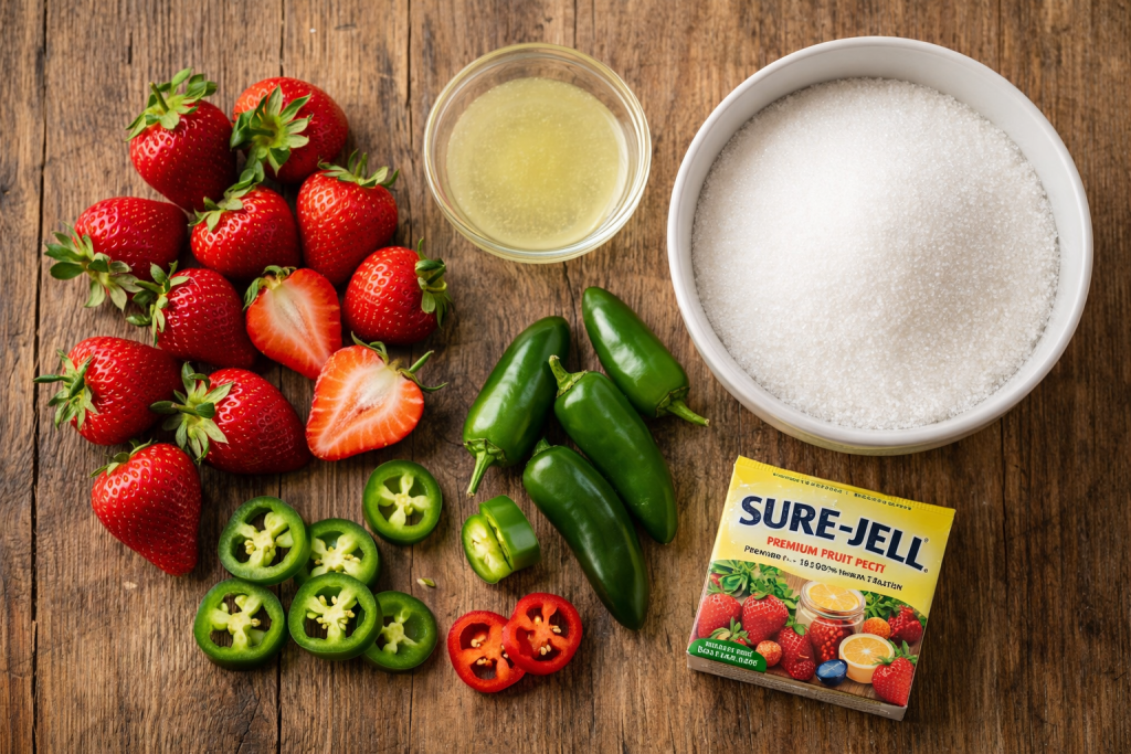 ingredients for sweet and spicy strawberry jalapeño jam including strawberries jalapeños sugar lemon juice and pectin