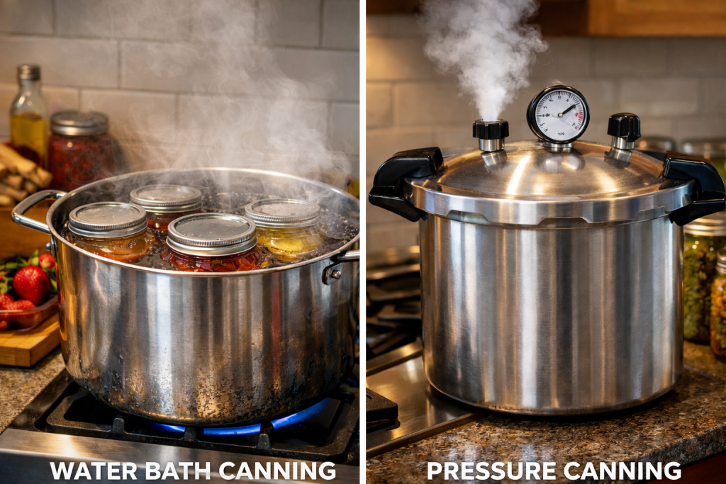 water bath vs pressure canning side by side